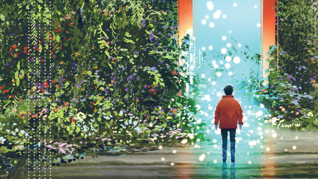 man walking through a walled garden