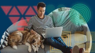 man with dog on couch and laptop on lap with graphics laid over the top of image