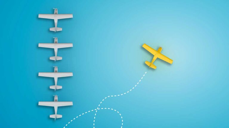 column of planes with one veering off
