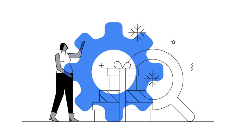 graphic of woman with cog over presents