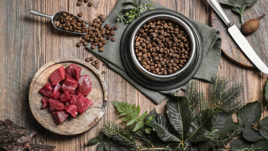 cutting board of meat next to bowl of dog food
