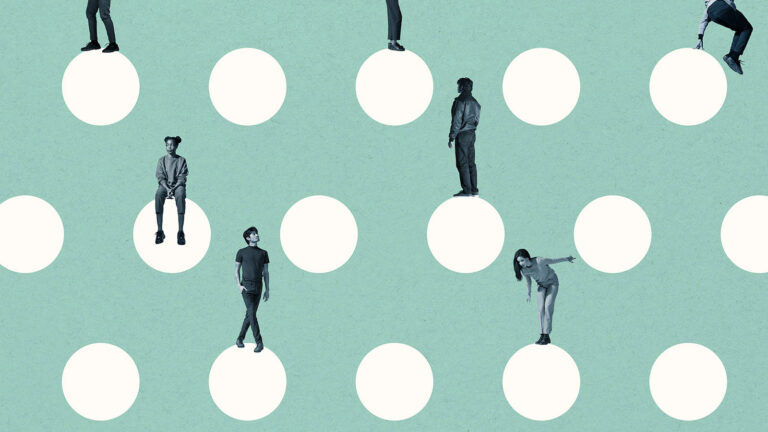 graphic of people standing on polkadots