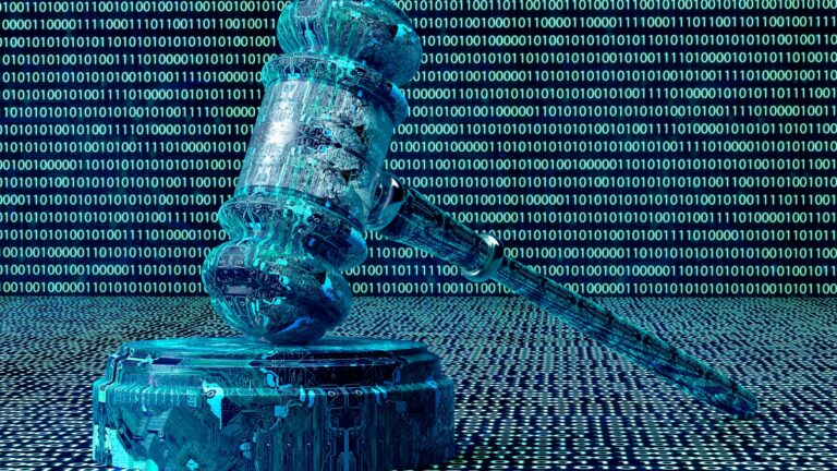 digital gavel against binary code