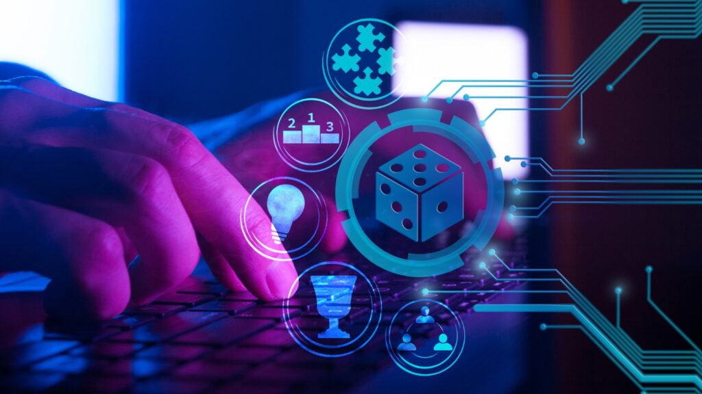 person typing on laptop with graphic overlay of icons