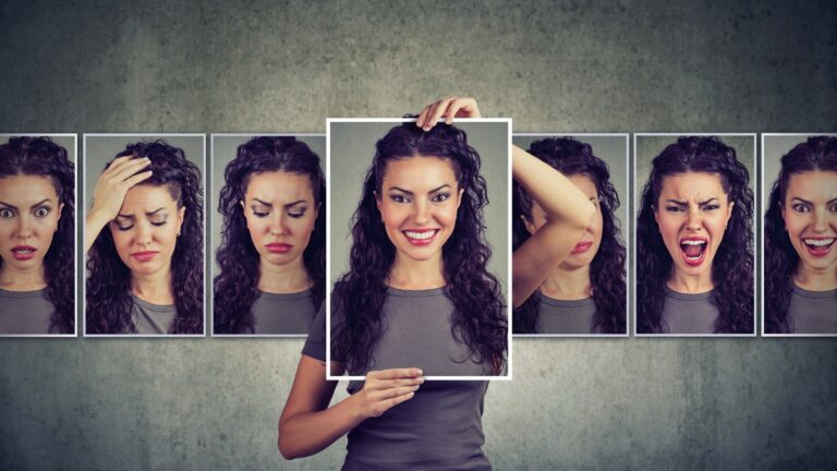 woman putting on a happy face