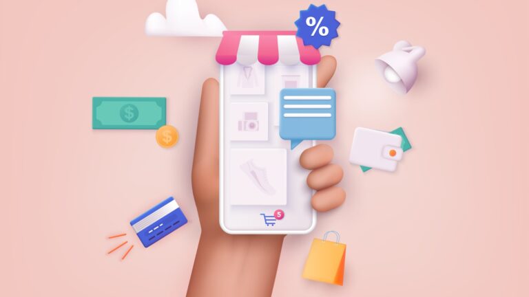 graphic with hand holding phone and shopping icons