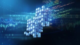 graphic of blocks floating in symbolic code