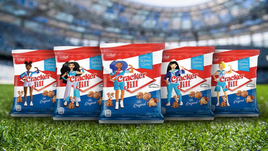 cracker jack bags with cracker jill mascots on the bags