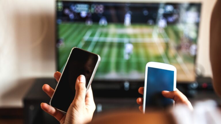 two people holding phones while watching sports