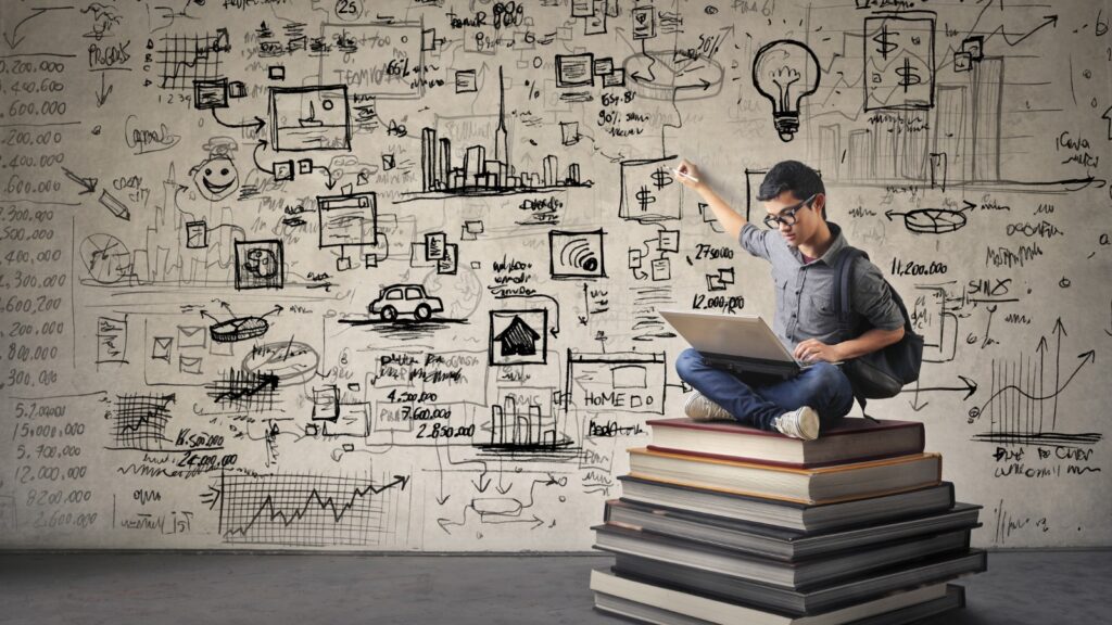 man sitting on stack of books with wall full of equations