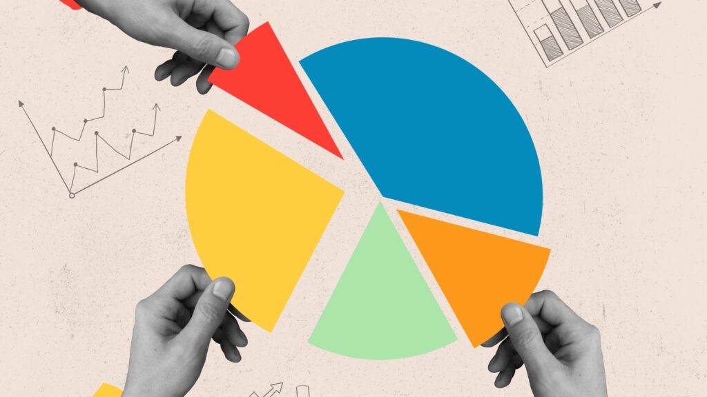 people taking their parts of an unevenly divided pie chart