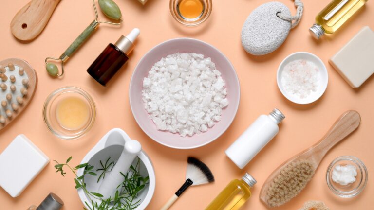 flat lay of natural looking beauty products