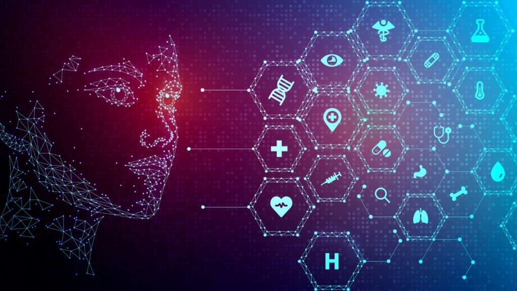 digital human profile graphic looking at digital icons