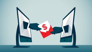 vector image of two laptop screens exchanging money between them