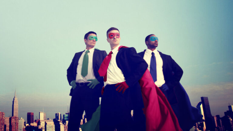 3 men in suits as superheroes