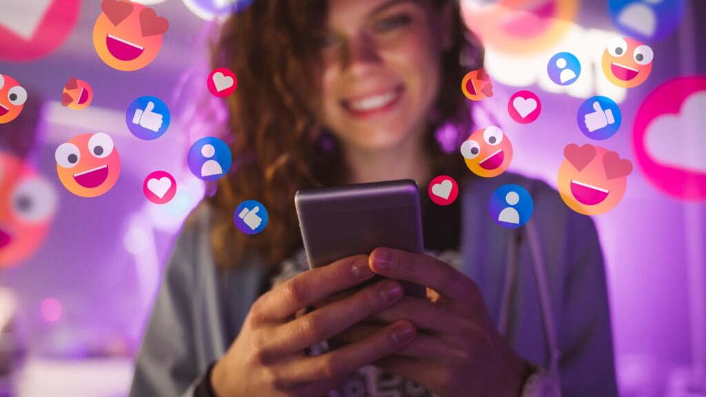 happy-young-woman-using-her-phone-to-interact-with-social-media-picture