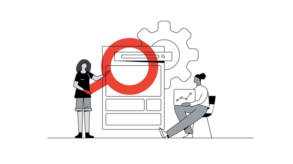 An illustration of two people using a search enginel, one of them holding a magnifying glass