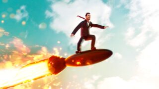 man surfing atop a spaceship through the day sky