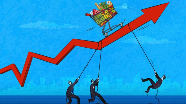 cartoon image of men trying to pull red data arrow down with basket of groceries on top