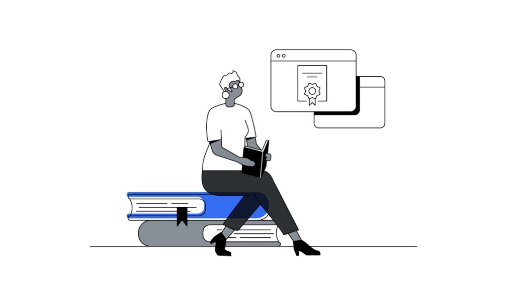 An illustration of a woman sitting on textbooks