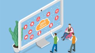 Isometric illustration of marketers around a large OTT screen