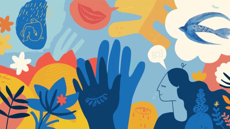 Illustrated collage of mindfulness and wellness images