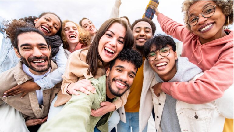group selfie of multiracial friends