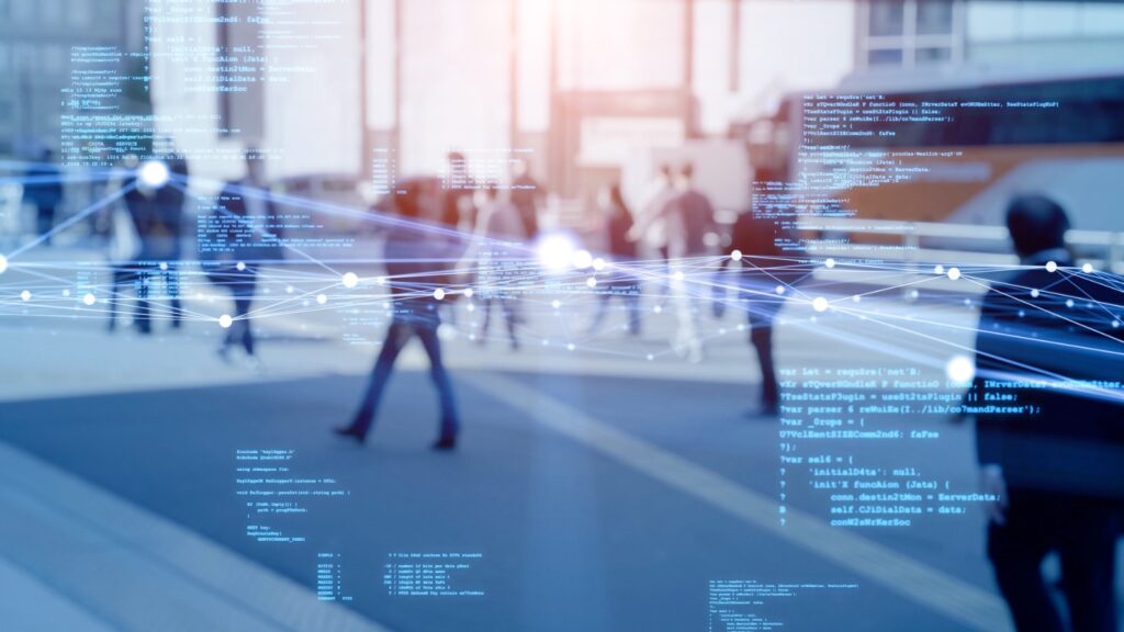 abstract image of data points overlayed on image of people walking in city