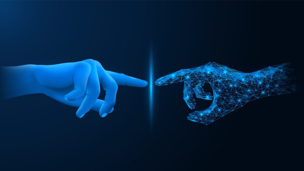 A computer-rendered image of two fingers touching: one human, one virtual