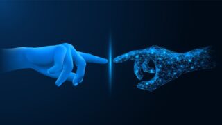 A computer-rendered image of two fingers touching: one human, one virtual