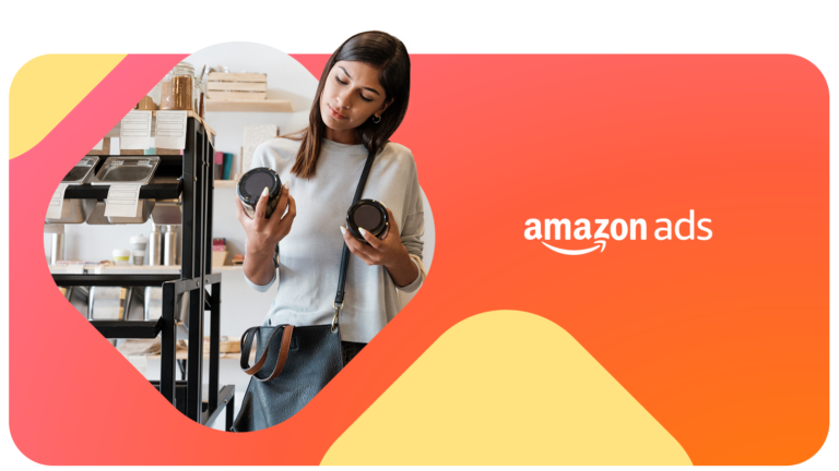 Woman shopping next to the amazon ads logo