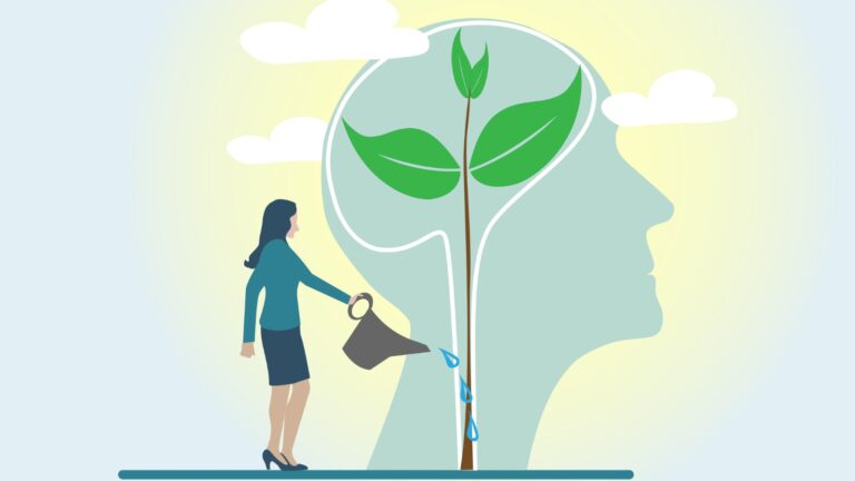 Watering plants with big brain growth mindset concept.