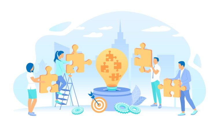 Illustration: People put puzzles into a big light bulb.