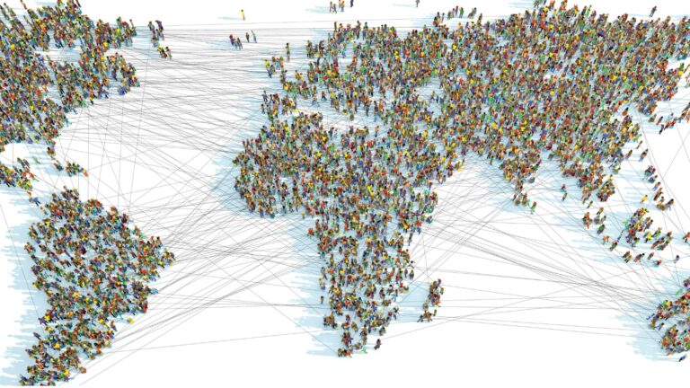 A world map consisting of thousands of connected people