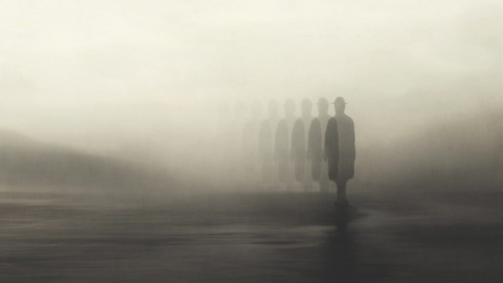 Illustration of surreal man disappearing in the fog, abstract concept stock illustration