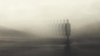 Illustration of surreal man disappearing in the fog, abstract concept stock illustration