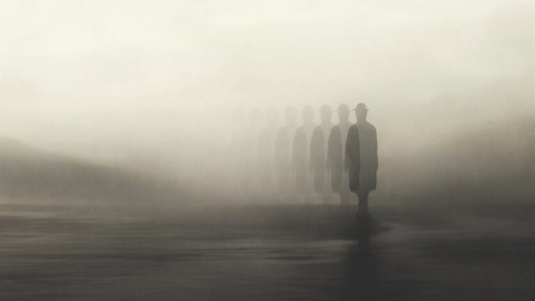 Illustration of surreal man disappearing in the fog, abstract concept stock illustration