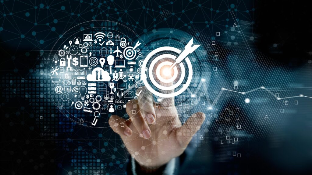 Businessman touching target with icon digital marketing on network connection background.