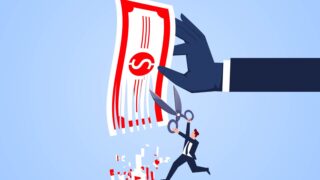 Failed investment conditions, loss of money and costs, cutbacks, businessman holding scissors and cutting banknotes in his hands. stock illustration