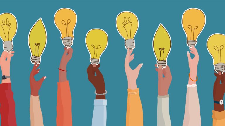 Raised arms of diverse and multi-ethnic business people holding a light bulb shaped label as a concept of innovation or startup or collaboration or financial investment.Community concept stock illustration