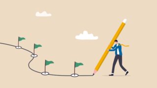 Workflow or working process, project progress, milestone or achievement tracking, work experience or journey concept, businessman using pencil to draw workflow line with achievement flag milestones. stock illustration