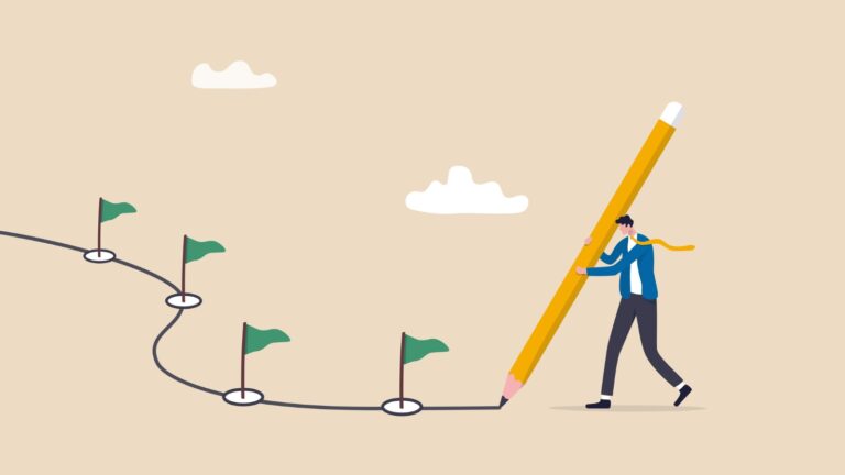 Workflow or working process, project progress, milestone or achievement tracking, work experience or journey concept, businessman using pencil to draw workflow line with achievement flag milestones. stock illustration