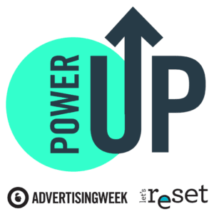 power up logo with advertising week and let's reset logos