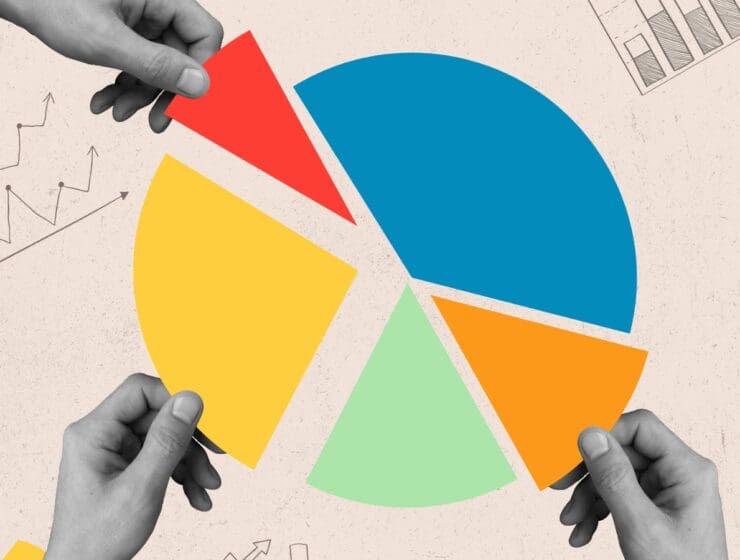 people taking their parts of an unevenly divided pie chart