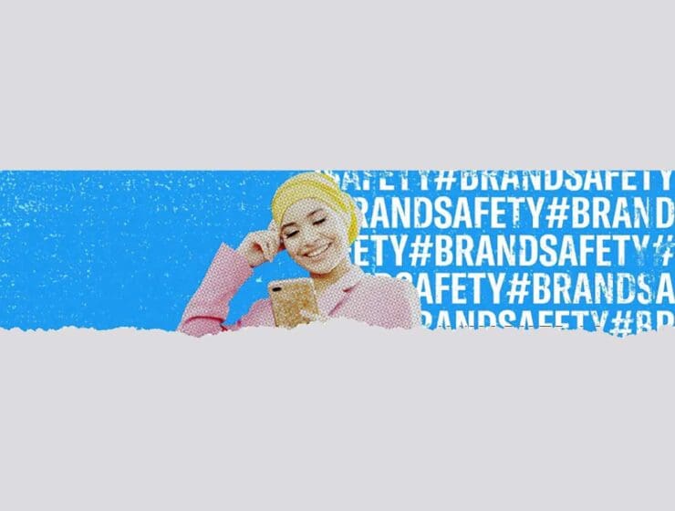 woman with headscarf smiling against background of brand safety words