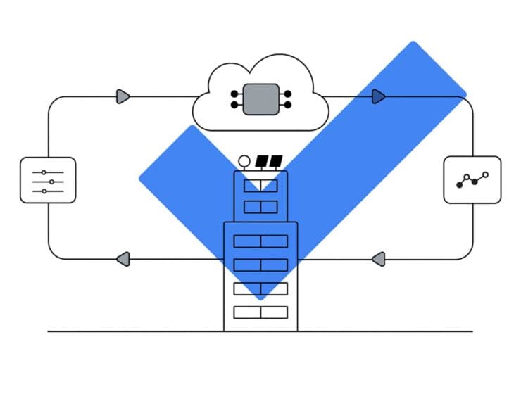 Illustration of a blue checkmark overlayed atop of a machine