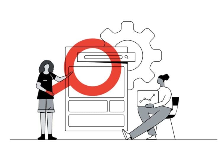 An illustration of two people using a search enginel, one of them holding a magnifying glass