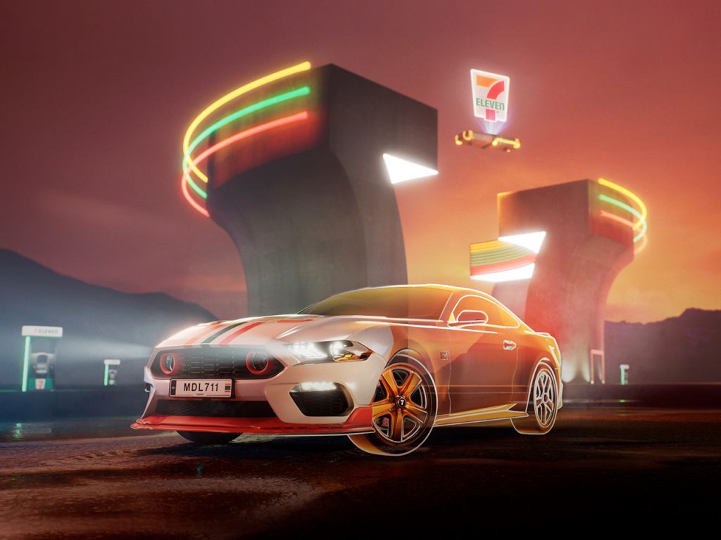 rendered concept mustang car in front of futuristic seven eleven convenience store