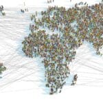 A world map consisting of thousands of connected people