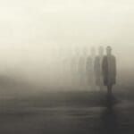 Illustration of surreal man disappearing in the fog, abstract concept stock illustration